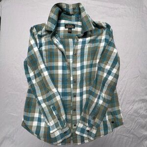 Noble Outfitters Women’s Teal, Brown and White Plaid Button-Up Shirt Size Large
